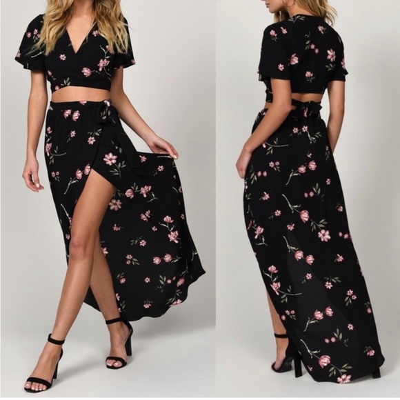 Tobi Floral Maxi Wrap Skirt and Top Set black Sz Large - Picture 1 of 8